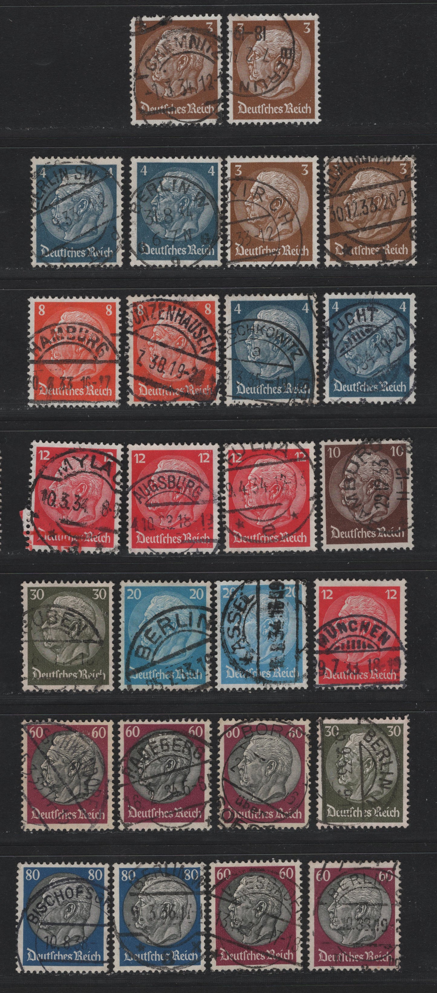 Lot 267 Germany SC#401-403, 405-406, 408-409, 412-413 3pf - 80pf Bistre Brown - Dark Blue & Black , 1933 Hindenburg Issue, 26 Fine/Very Fine Used Singles, Readable Town Cancels