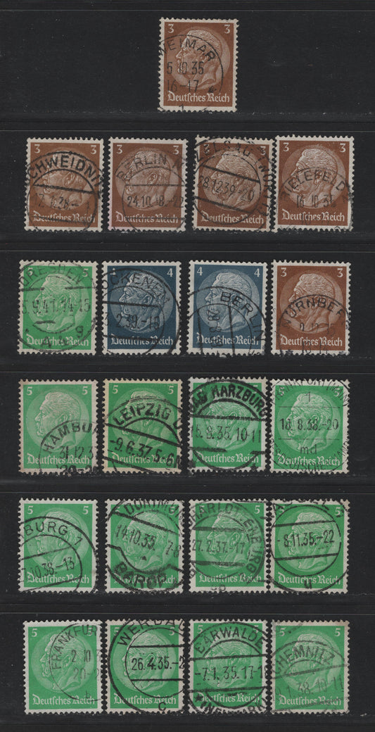 Lot 268 Germany SC#416-418 (513x, 514x, 515x) 3pf - 5pf Bistre Brown - Bright Green, 1933-1936 Hindenburg Issue, 21 Very Fine Used Singles, Swastikas Wmk, Selection of Readable Town Cancels
