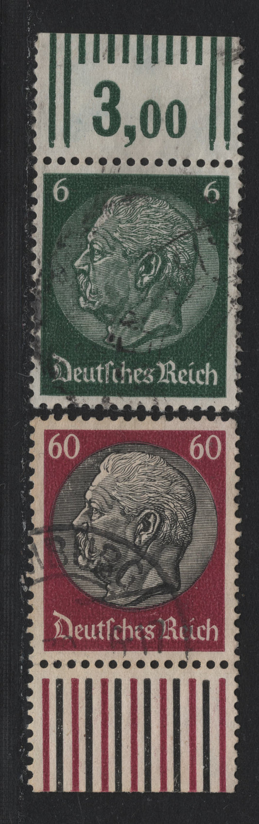 Lot 270 Germany SC#419, 429 (516XPOR, 526xPOR) 6pf - 60pf Dark Green - Claret & Black, 1933-1936 Hindenburg Issue, 2 Very Fine Used Top & Bottom Sheet Margin Singles, Value Counter On Top Sheet Example, Color Bars On Bottom Sheet Example