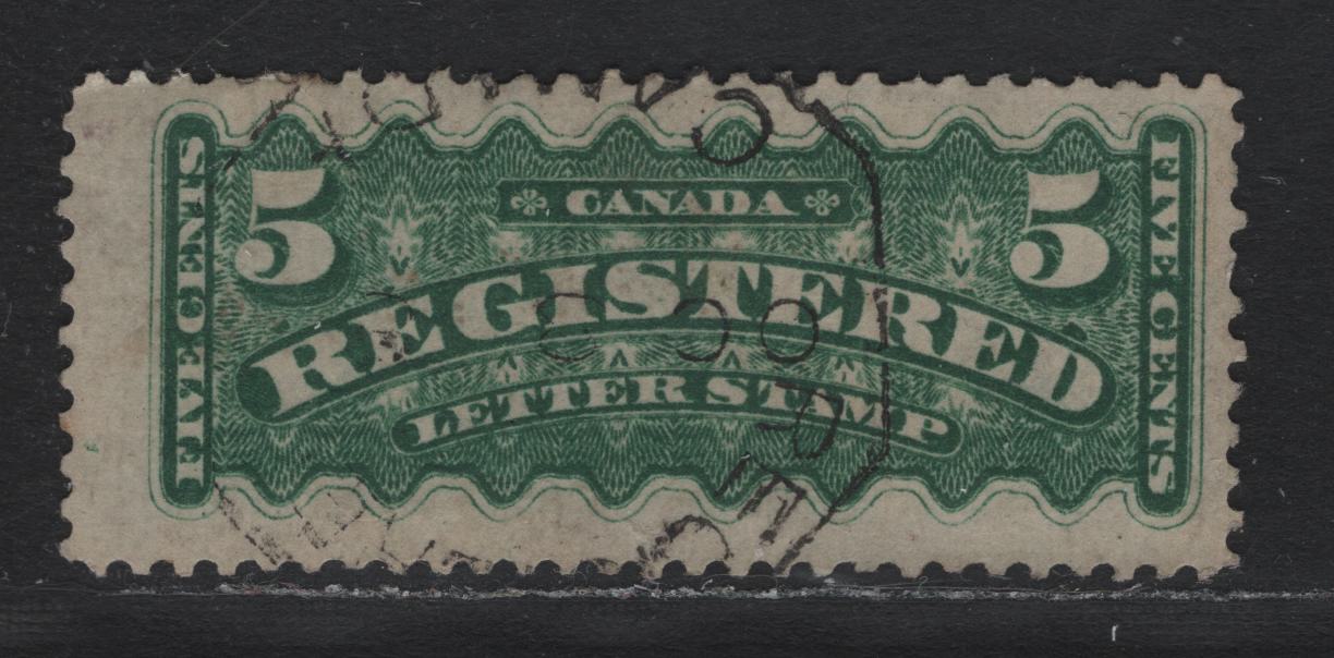 Lot 27 Canada #F2 5c Dark Green , 1875-1896 Registration Issue, A Fine Used Single, Late Montreal Printing On Stout Vertical Wove With Rare Octagonal Registration Handstamp Used IN Halifax & St. John, Usually Found On Back Of Covers, Not Stamps