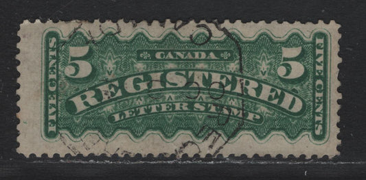 Lot 27 Canada #F2 5c Dark Green, 1875-1896 Registration Issue, A Fine Used Single, Late Montreal Printing On Stout Vertical Wove With Rare Octagonal Registration Handstamp Used IN Halifax & St. John, Usually Found On Back Of Covers, Not Stamps
