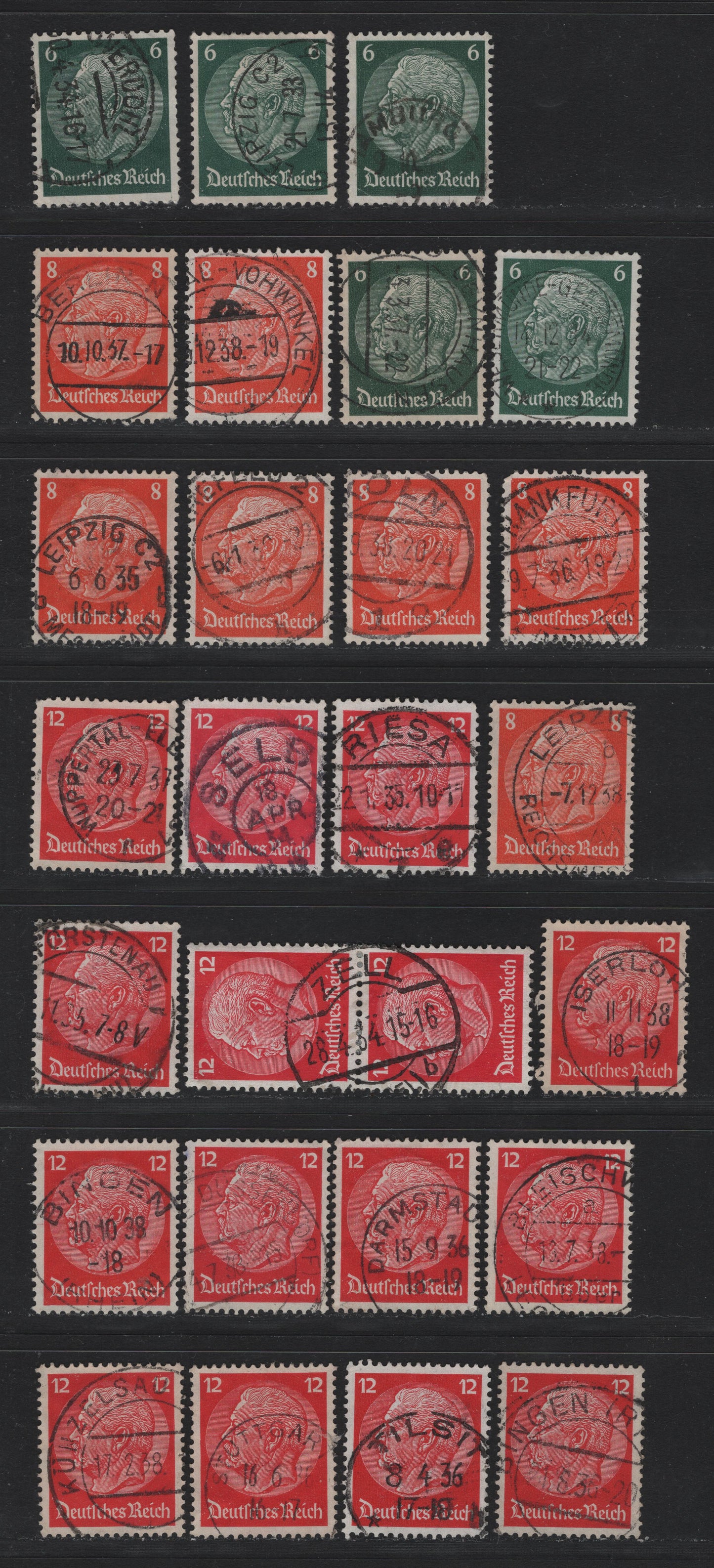 Lot 272 Germany SC#419-420, 422 (516x-517x, 519x) 6pf - 12pf Dark Green - Carmine , 1933-1936 Hindenburg Issue, 26 Fine/Very Fine Used Singles, Selection of Town Cancels