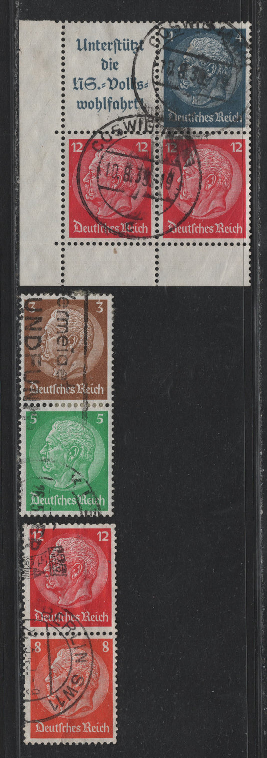 Lot 273 Germany SC#417, 420, 422(S155, S163, S199, S127) 3pf - 12pf Brown - Carmine, 1933-1936 Hindenburg Issue, 3 Fine/Very Fine Used Booklet Pairs & Block