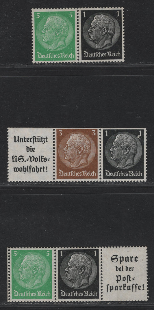 Lot 274 Germany SC#415-416, 418(W59,W76, W96) 1pf - 5pf Black - Emerald, 1933-1936 Hindenburg Issue, 3 VFOG/NH Booklet Pairs & Coil Strips