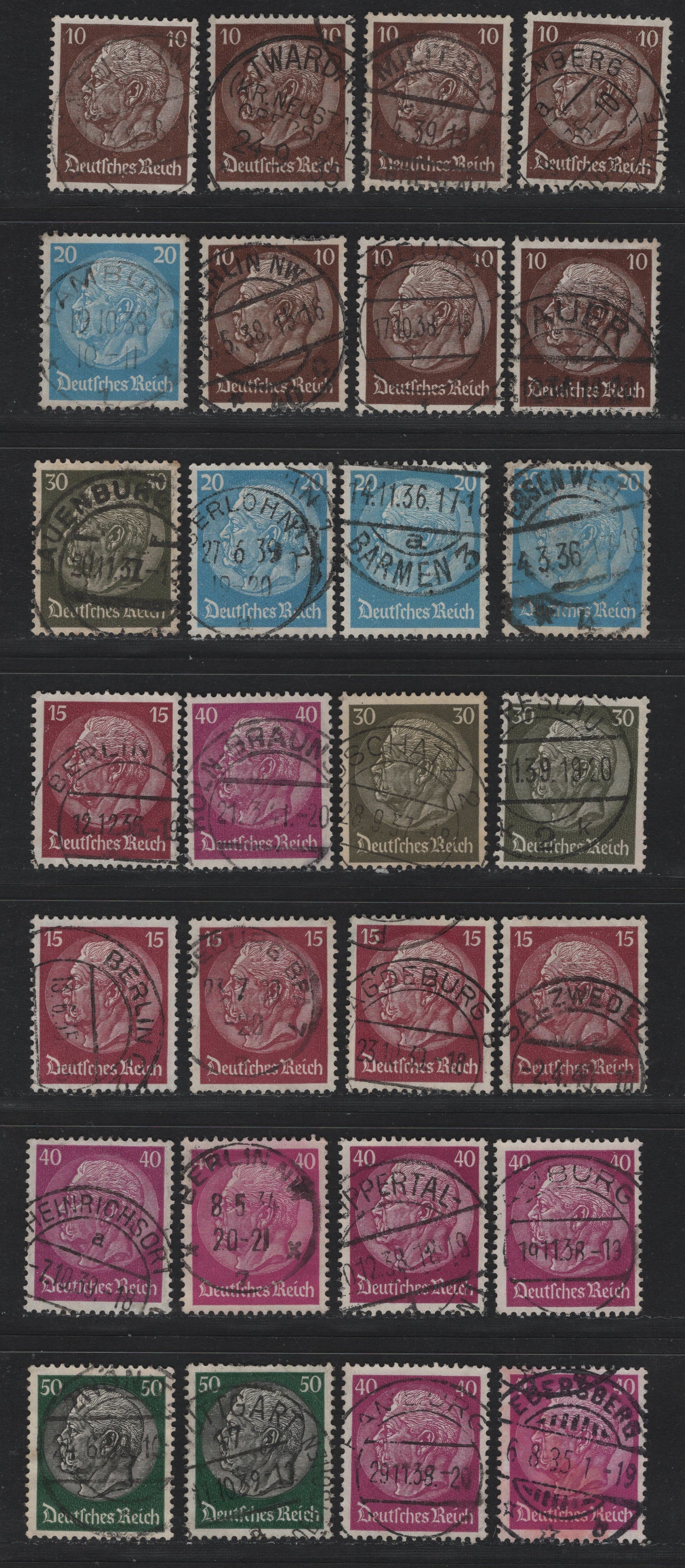 Lot 275 Germany SC#421, 423/428 (518x, 520x-522xa, 523x-525x) 10pf - 50pf Chocolate - Dark Green & Black , 1933-1936 Hindenburg Issue, 28 Fine/Very Fine Used Singles, Selection of Town Cancels