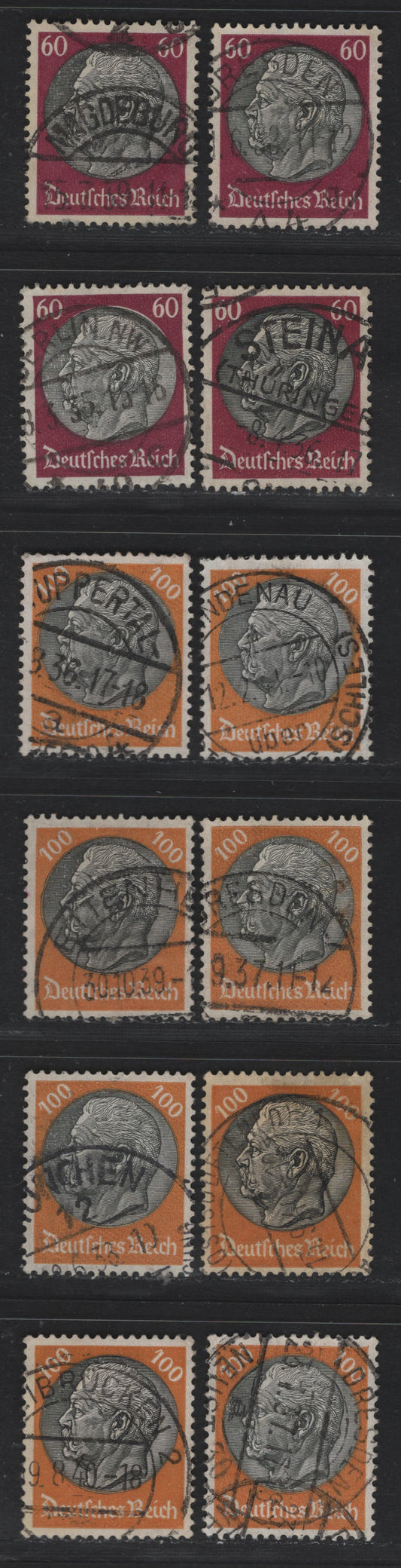 Lot 278 Germany SC#429, 431 (526x, 528x) 60pf - 100pf Claret & Black - Orange & Black, 1933-1936 Hindenburg Issue, 12 Very Fine Used Singles, A Selection of CDS Town Cancels