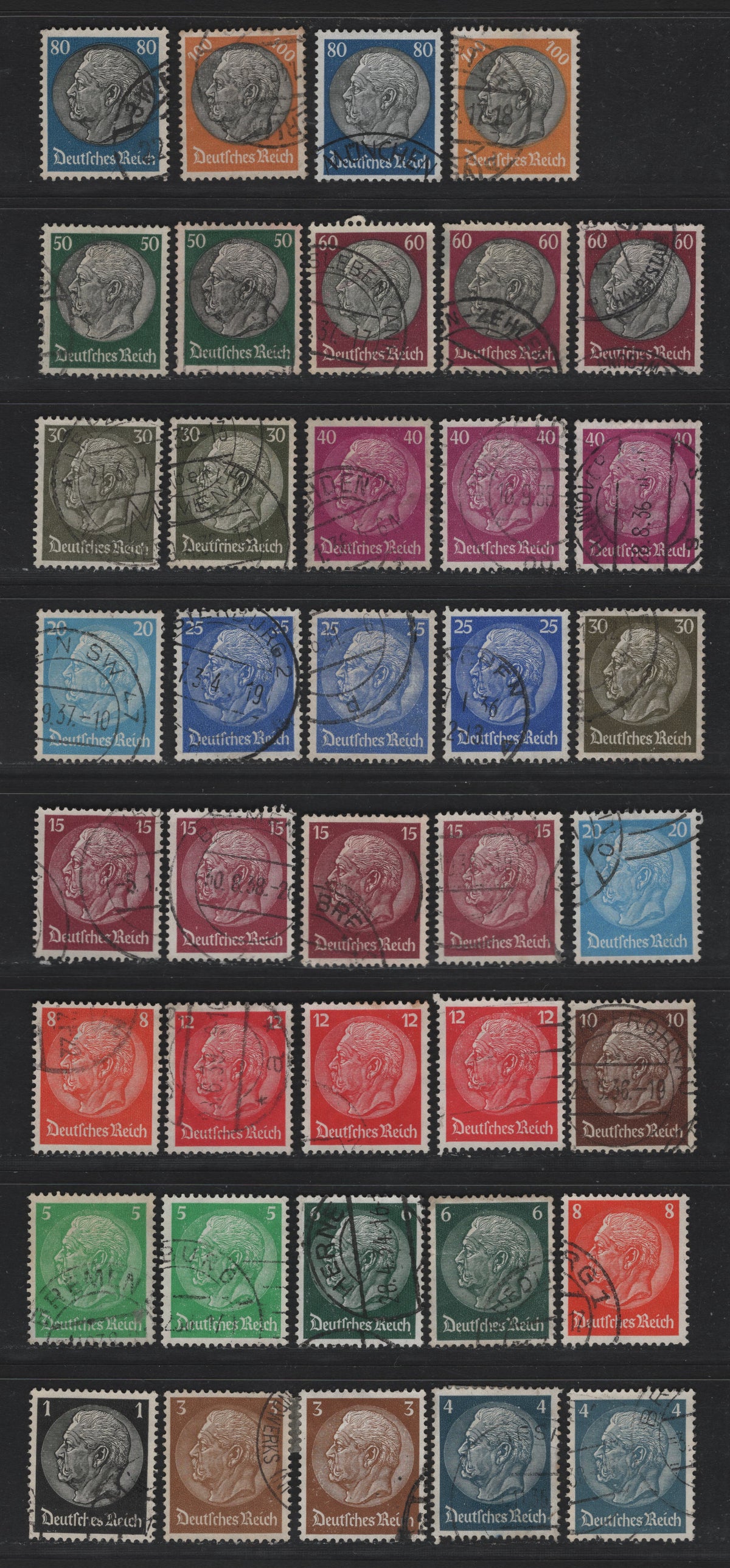 Lot 12 Germany SC#415-431 (512x-528x) 1pf - 100pf Black - Orange & Black, 1933-1936 Hindenburg Issue, 39 Very Fine Used Singles, Super Specialized Group Consisting Of A Full Set With Up To 4 Shades Of Most Values