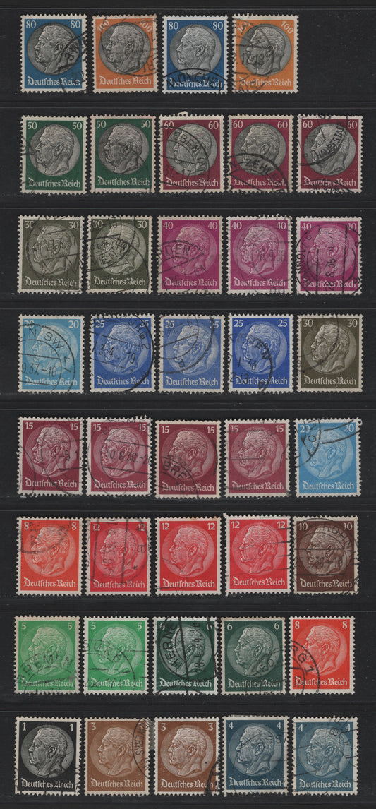 Lot 279 Germany SC#415-431 (512x-528x) 1pf - 100pf Black - Orange & Black, 1933-1936 Hindenburg Issue, 39 Very Fine Used Singles, Super Specialized Group Consisting Of A Full Set With Up To 4 Shades Of Most Values