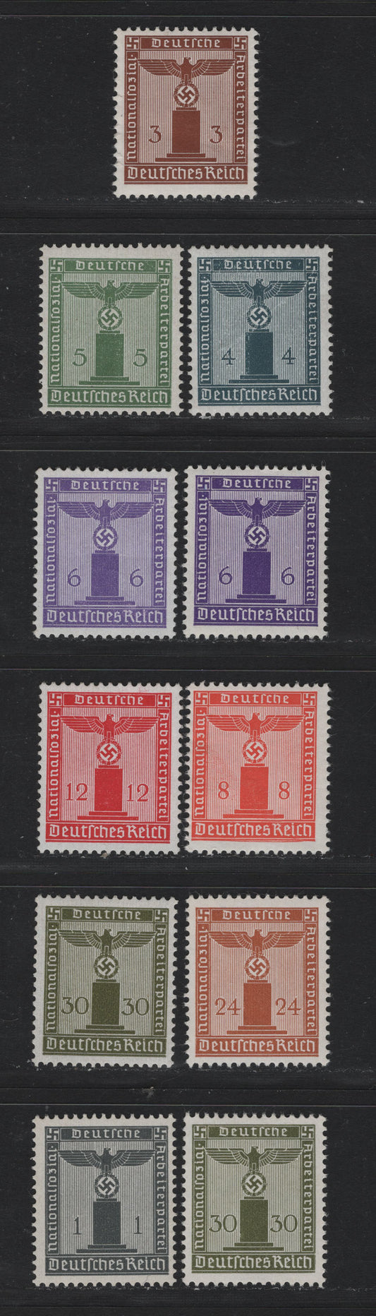 Lot 280 Germany SC#512-518, 520-521 1pf - 30pf Gray Black - Deep Olive Green, 1942 Franchise, 11 F/VFNH Singles, Unwatermarked, Includes 2 Shades Of the 6pf+30pf