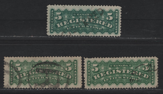 Lot 28 (C) Canada #F2i, F2a 5c Green & Blue Green, 1875-1896 Registration Issue, 3 Very Fine Used Singles, Second Ottawa Printings, All On Soft Vertical & Horizontal Wove Papers