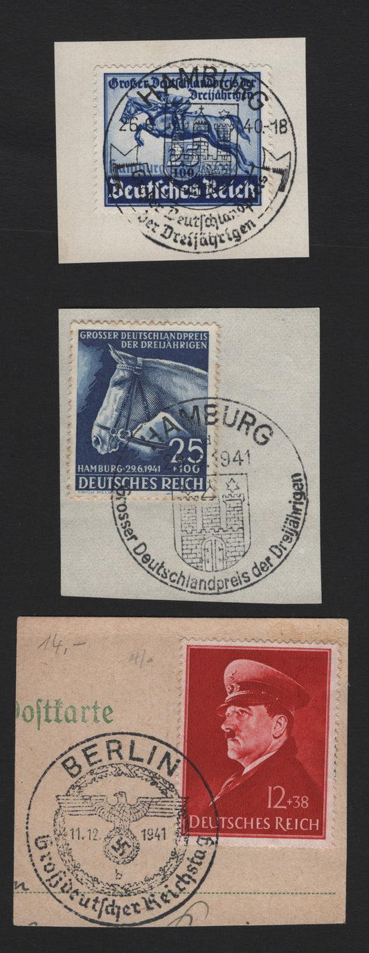 Lot 281 Germany SC#B172, B190-B191 (746, 772x, 779) 25pf+100pf - 25pf+100pf Deep Ultramarine - Sapphire, 1940-1941 Blue Ribbon Race, 3 Fine/Very Fine Used Singles, Singles On Piece Tied With Berlin & Hamburg Commemorative Cancels