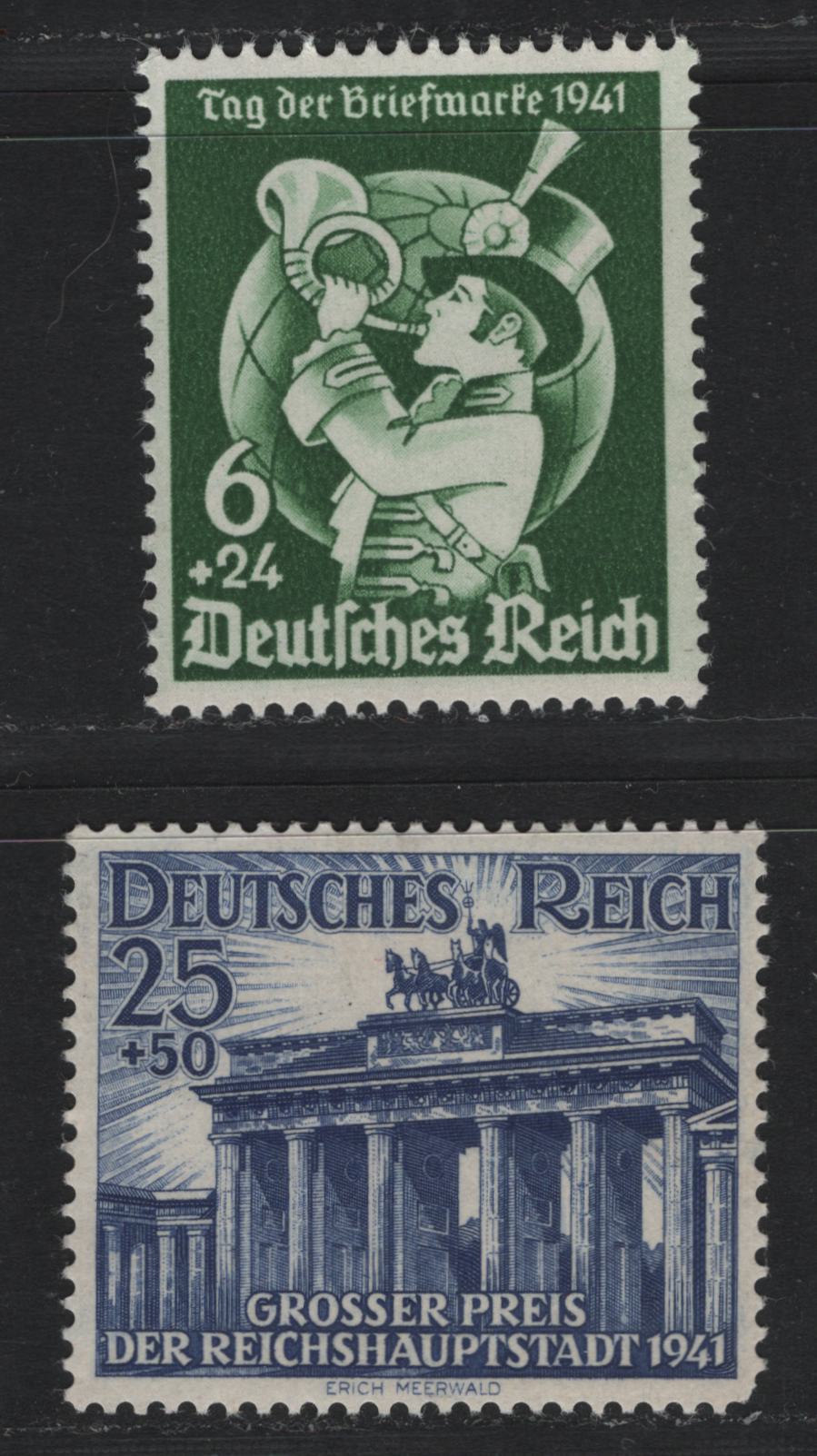 Lot 282 Germany SC#B188, B193 (762, 803) 6pf+24pf - 25pf+50pf Green - Deep Ultramarine , 1941 Postage Stamp Day - Berlin Races Issues, 2 FNH Singles, Tiny Thin on B193
