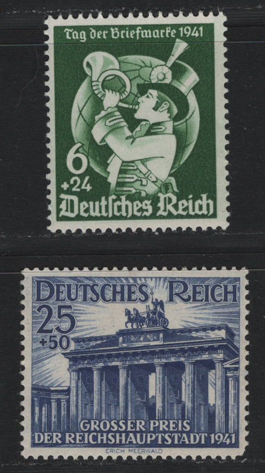 Lot 282 Germany SC#B188, B193 (762, 803) 6pf+24pf - 25pf+50pf Green - Deep Ultramarine, 1941 Postage Stamp Day - Berlin Races Issues, 2 FNH Singles, Tiny Thin on B193
