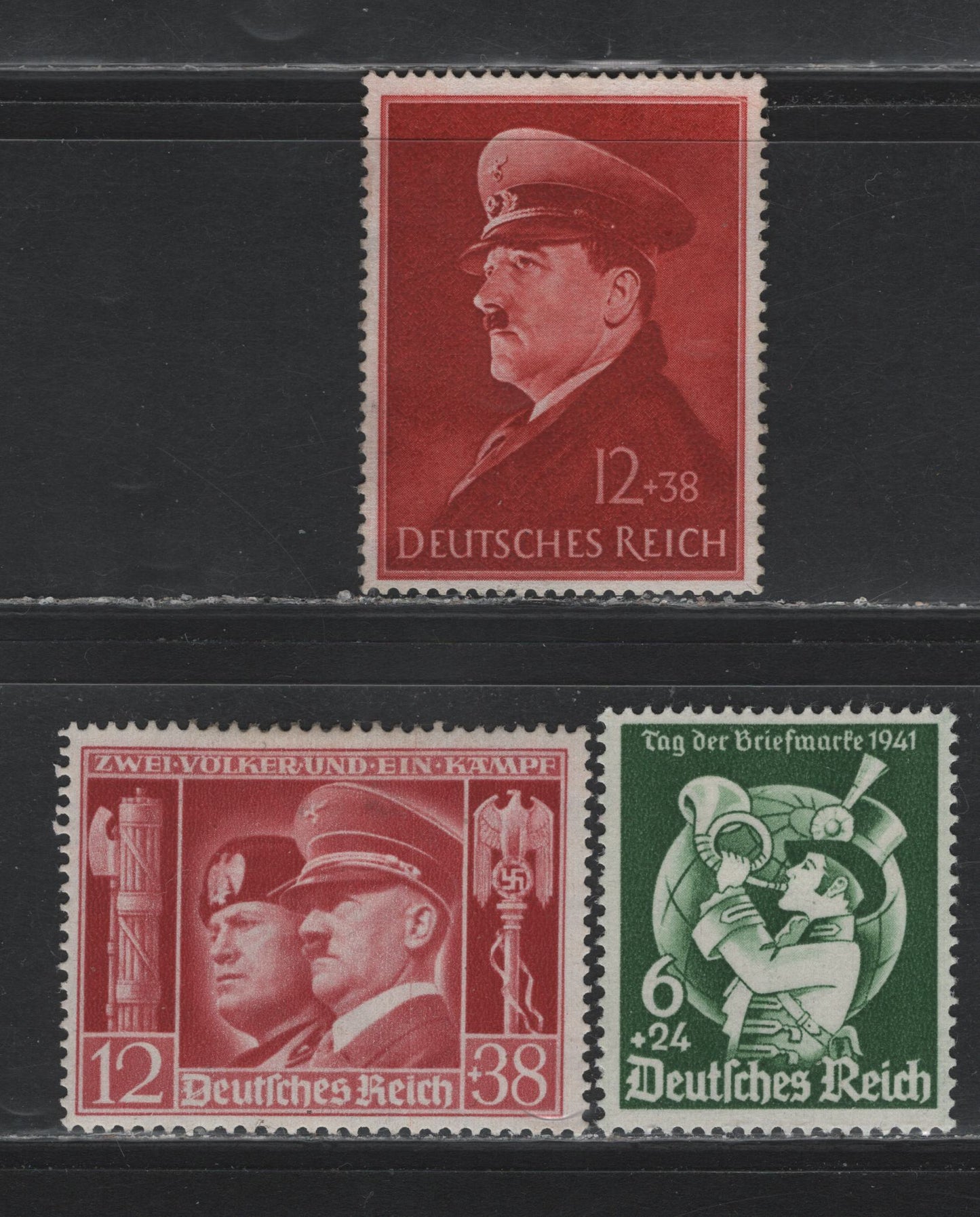 Lot 283 Germany SC#B188-B190 (762-763, 772y) 6+24pf - 12+38pf Deep Green - Dark Red , 1941 Postage Stamp Day - 52nd Birthday of Hitler Issues, 3 F/VFOG Singles, B190 Being The Scarcer Printing On Horizontal Wove Paper