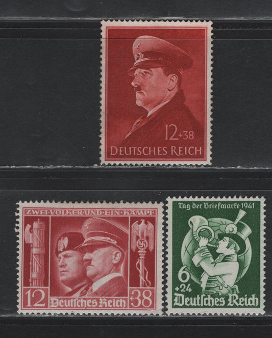 Lot 283 Germany SC#B188-B190 (762-763, 772y) 6+24pf - 12+38pf Deep Green - Dark Red, 1941 Postage Stamp Day - 52nd Birthday of Hitler Issues, 3 F/VFOG Singles, B190 Being The Scarcer Printing On Horizontal Wove Paper