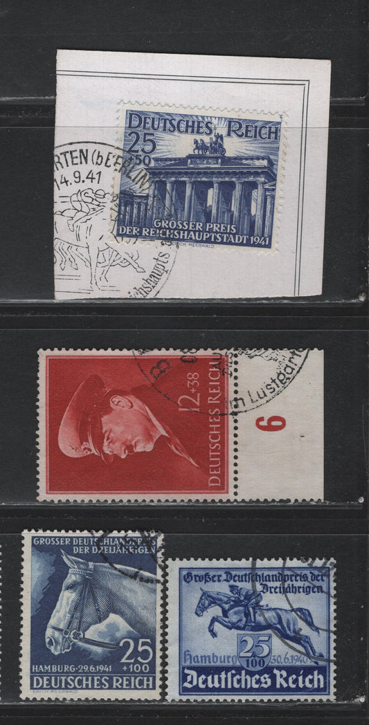 Lot 284 Germany SC#B172, B190-B191, B193 (746, 772x, 779) 25+100pf - 25+50pf Ultramarine - Deep Ultramarine, 1940-1941 Blue Ribbon Race - Berlin Races Issues, 4 Fine/Very Fine Used Singles, B190 Is On Vertical Wove Paper