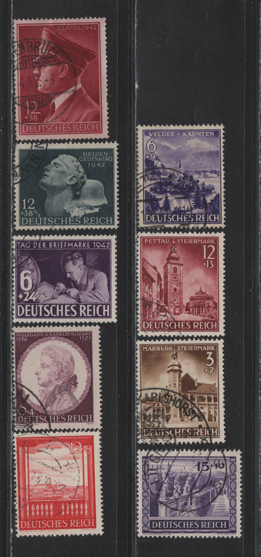 Lot 285 Germany SC#B194-B203 (804/813x) 3+7pf - 12+38pf Brown - Lake, 1941-1942 Annexation of Styria & Curinthia - Hitler 53rd Birthday Issues, 9 Fine/Very Fine Used Singles, The Birthday Stamp Is On Horizontal Wove Paper
