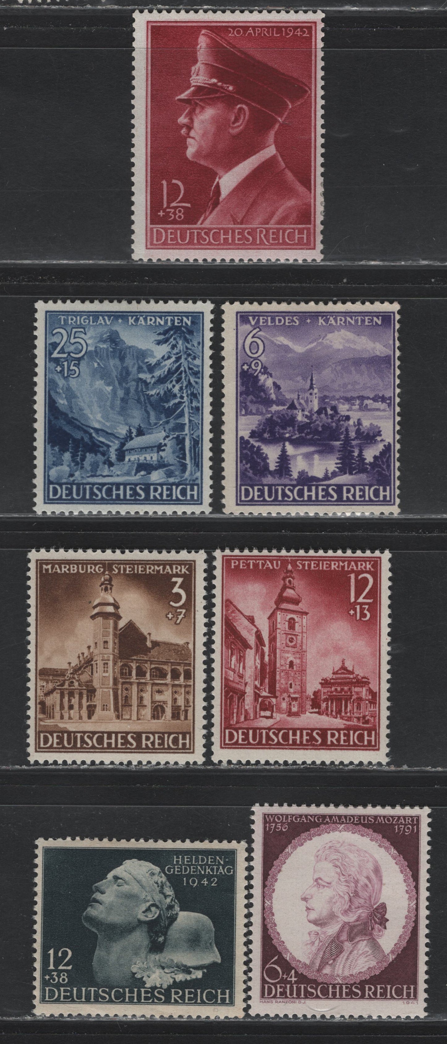 Lot 286 Germany SC#B194-B197, B200, B202-B203 (806-810, 812, 813y) 12+38pf Brown - Lake , 1941-1942 Annexation of Styria & Curinthia - Hitler 53rd Birthday Issues, 7 F/VFOG Singles, The Birthday Stamp On Horizontal Wove Paper