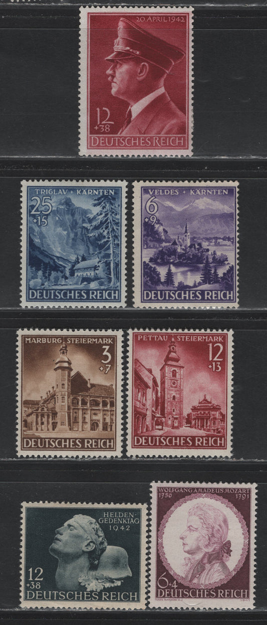 Lot 286 Germany SC#B194-B197, B200, B202-B203 (806-810, 812, 813y) 12+38pf Brown - Lake, 1941-1942 Annexation of Styria & Curinthia - Hitler 53rd Birthday Issues, 7 F/VFOG Singles, The Birthday Stamp On Horizontal Wove Paper
