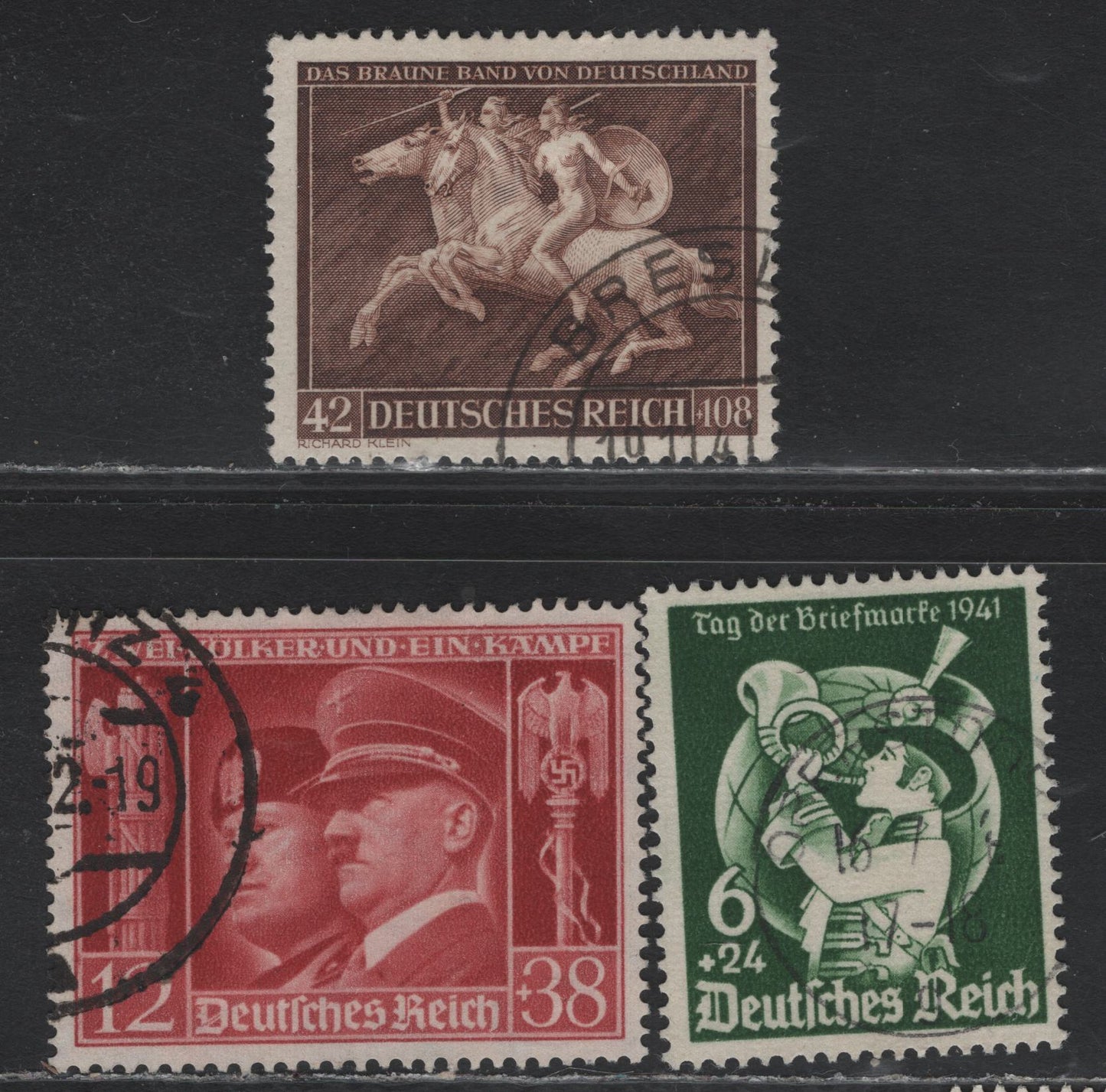 Lot 288 Germany SC#B188-B189, B192 (762-763, 780) Deep Green - Brown , 1941 Postage Stamp Day - 8th Brown Ribbon Race Issues, 3 Very Fine Used Singles
