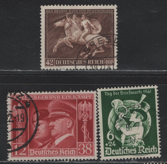 Lot 288 Germany SC#B188-B189, B192 (762-763, 780) Deep Green - Brown, 1941 Postage Stamp Day - 8th Brown Ribbon Race Issues, 3 Very Fine Used Singles