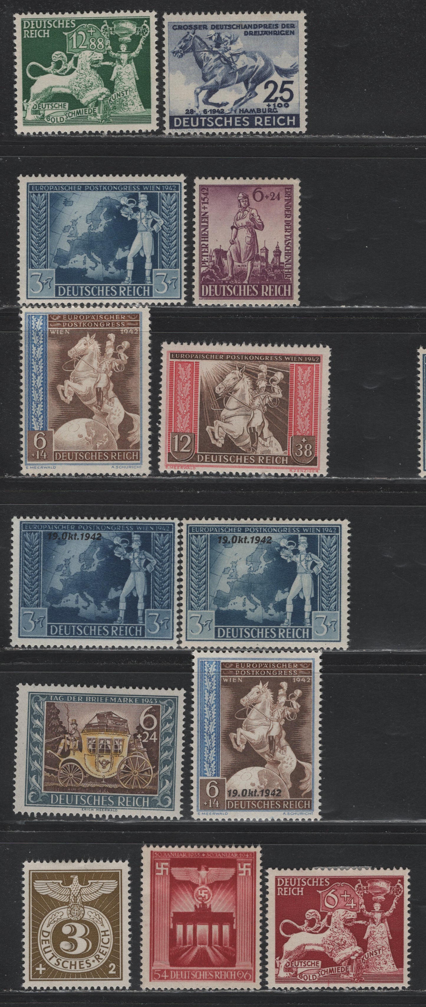 Lot 289 Germany SC#B204/B217 (815-830) Dark Blue - Olive Bistre , 1942-1943 73rd Hamburg Derby - Nazi Emblem Issues, 13 F/VFOG Singles, Includes 2 Shades Of B209