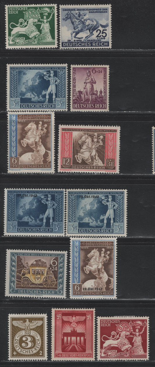 Lot 289 Germany SC#B204/B217 (815-830) Dark Blue - Olive Bistre, 1942-1943 73rd Hamburg Derby - Nazi Emblem Issues, 13 F/VFOG Singles, Includes 2 Shades Of B209