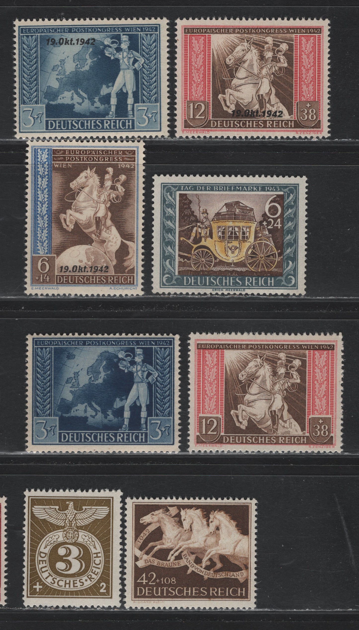 Lot 290 Germany SC#B205, B209, B211-B215, B217 (815/830) Brown - Olive Bistre , 1942-1943 9th Brown Ribbon Race - Nazi Emblem Issues, 8 F/VFNH Singles