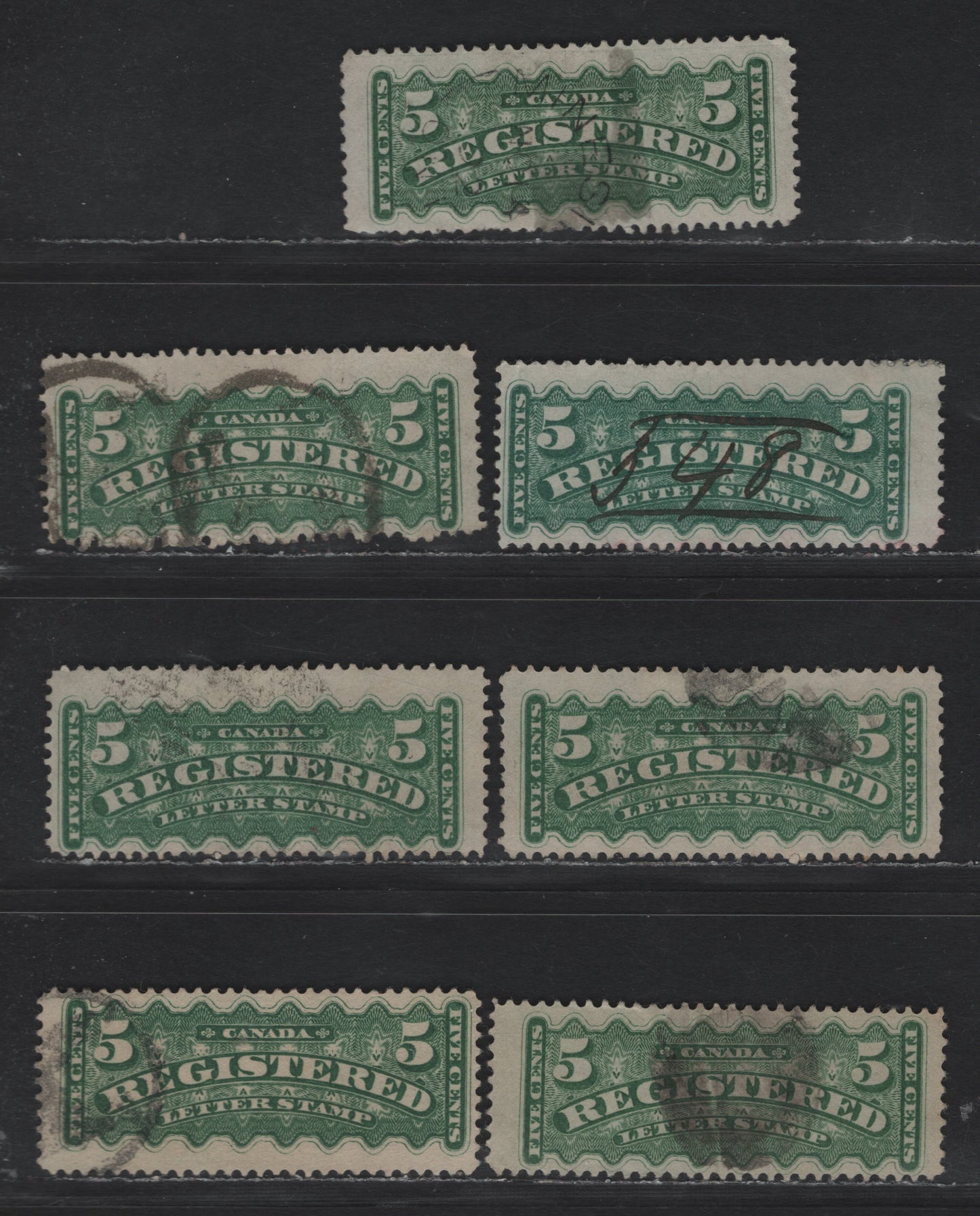 Lot 29 (C) Canada #F2i, F2a 5c Green & Blue Green , 1875-1896 Registration Issue, 7 Fine Used Singles, Second Ottawa Printings, Perf 12 On A Variety Of Soft Vertical & Horizontal Wove Papers