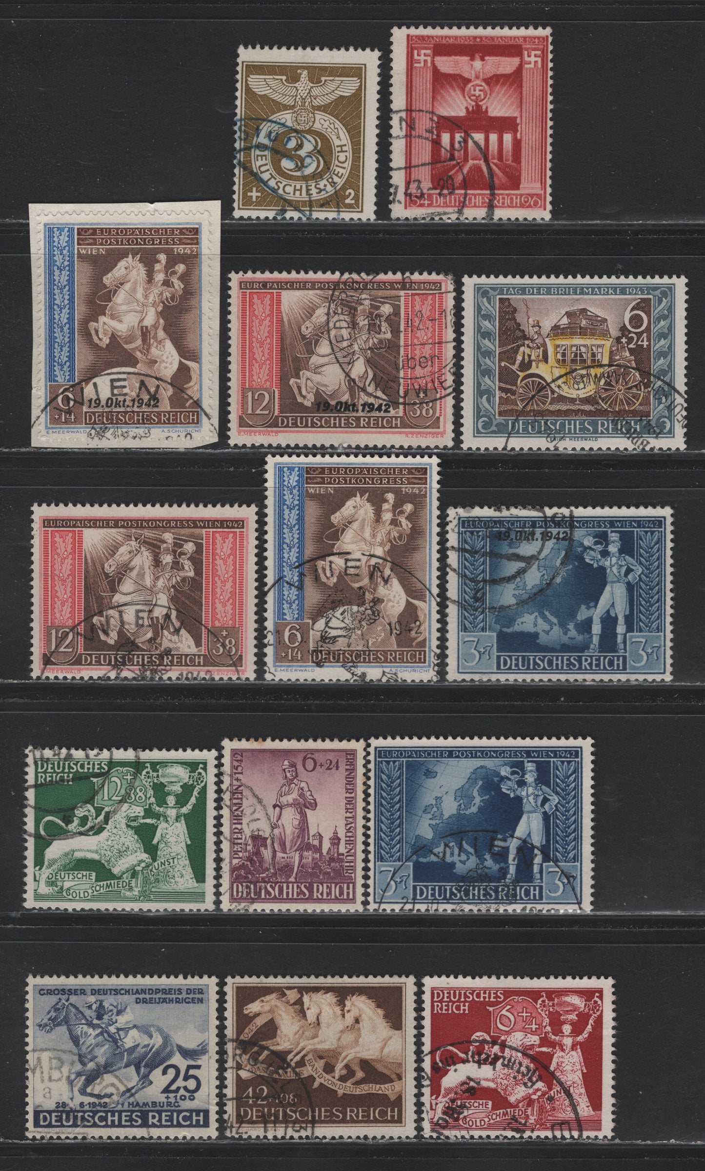 Lot 291 Germany SC#B204-B217 (814/830) Dark Blue - Olive Bistre , 1942-1943 73rd Hamburg Derby - Nazi Emblem Issues, 14 Fine/Very Fine Used Singles