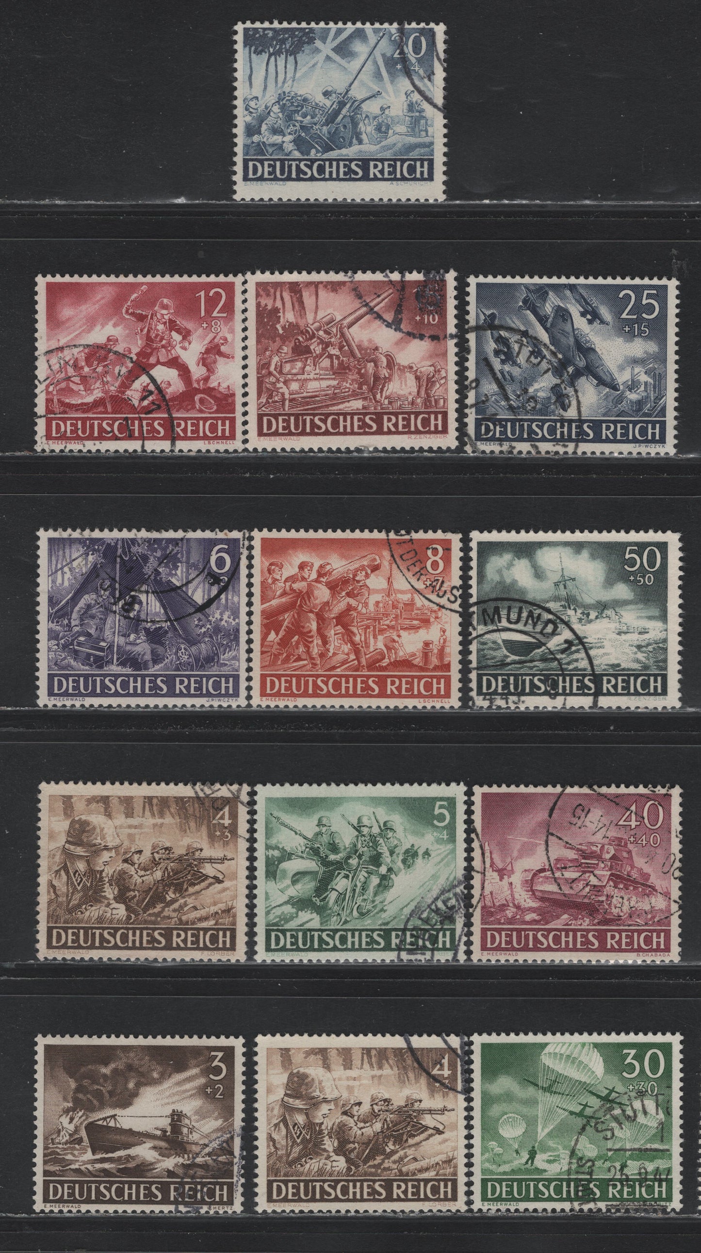 Lot 292 Germany SC#B218-B229 (831x/842y) 3+2pf - 50+50pf Dark Brown - Blackish Blue Green , 1943 Army & Hero Memorial Day Issue, 13 Fine/Very Fine Used Singles, Horizontal & Vertical Wove Papers On The 4+3pf, One or the Other For The Other Values