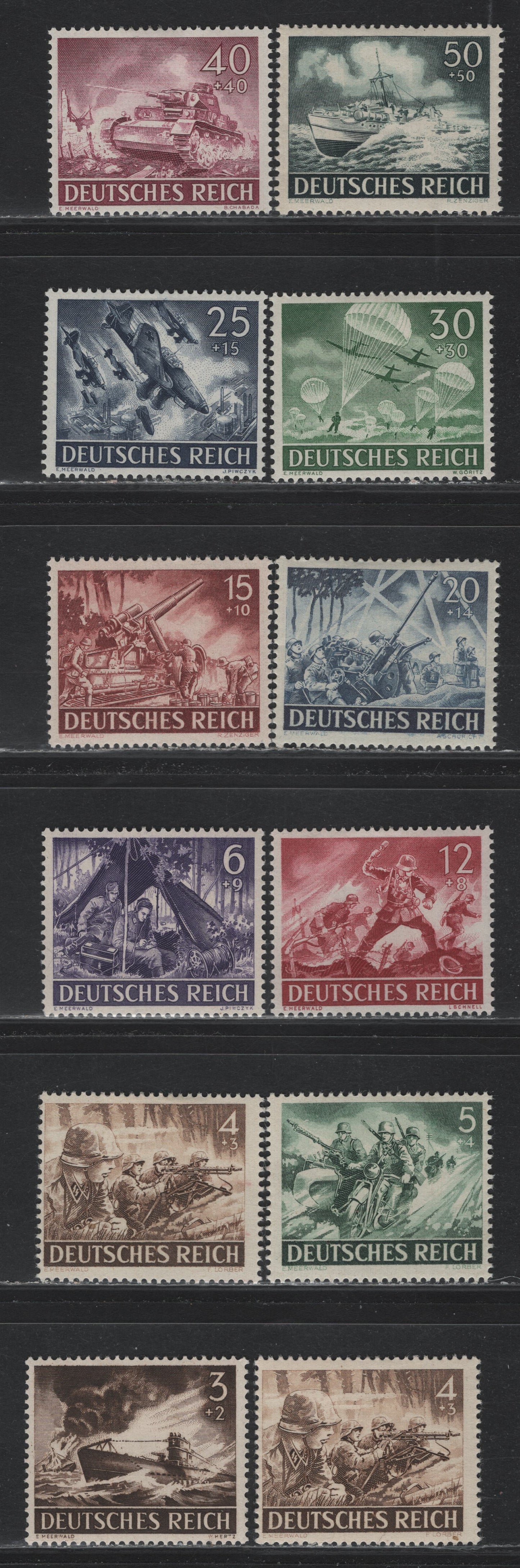 Lot 293 Germany SC#B218-B229 (831x-842y) 3+2pf - 50+50pf Dark Brown - Blackish Blue Green , 1943 Army & Hero Memorial Day Issue, 12 F/VFOG Singles, All Vertical Wove Except The 50+50pf, Which Is Horizontal