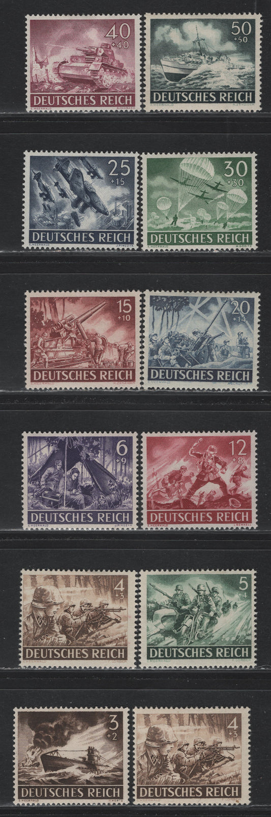 Lot 293 Germany SC#B218-B229 (831x-842y) 3+2pf - 50+50pf Dark Brown - Blackish Blue Green, 1943 Army & Hero Memorial Day Issue, 12 F/VFOG Singles, All Vertical Wove Except The 50+50pf, Which Is Horizontal