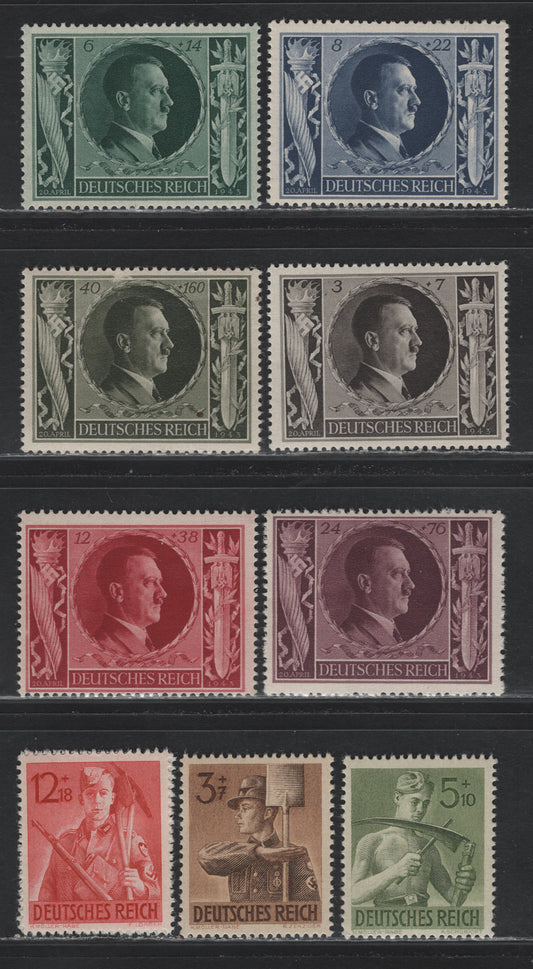 Lot 295 Germany SC#B231-B240 (844/853) 3+7pf - 12+18pf Brown Black - Dark Red, 1943 Hitler's 53rd Birthday - Reich Labor Service Issues, 9 F/VFNH Singles