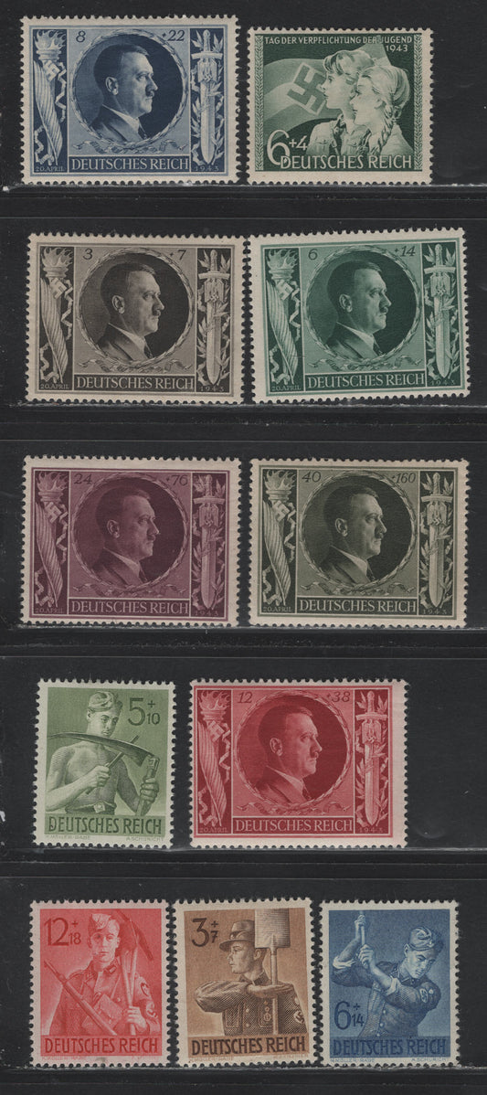 Lot 296 Germany SC#B230-B240 (843-853) 6+4pf - 12+18pf Dark Green - Dark Red, 1943 Day of Youth Obligation - Reich Labor Service Issues, 11 F/VFOG Singles
