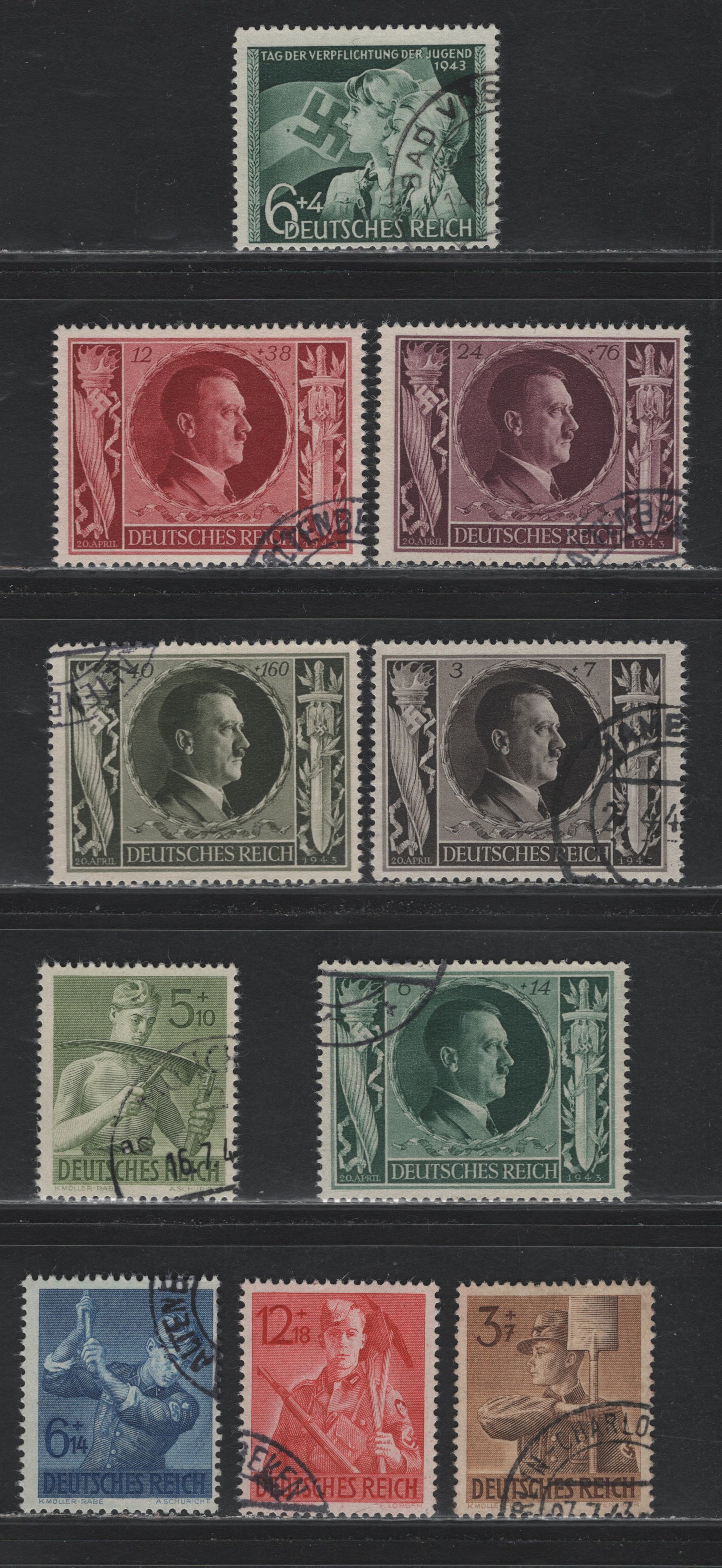 Lot 297 Germany SC#B230-B232, B234-B240 (843-845, 847-853) 6+4pf - 12+18pf Dark Green - Dark Red , 1943 Day of Youth Obligation - Reich Labor Service Issues, 10 Fine/Very Fine Used Singles