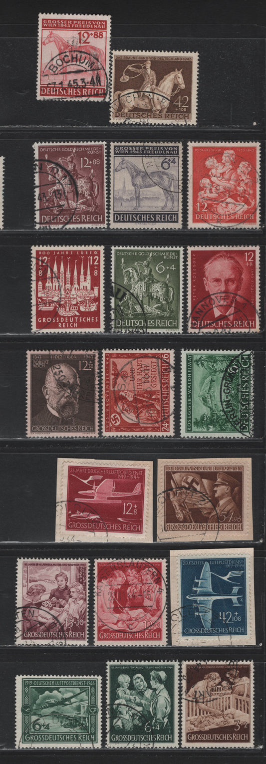 Lot 299 Germany SC#B241-B256 (855/872) 6+4pf - 15+10pf Green - Violet Brown, 1943-1944 Peter Rosegger - 10th Anniv of Mother & Child Aid Issues, 19 Fine/Very Fine Used Singles, As Lot 298 But Used