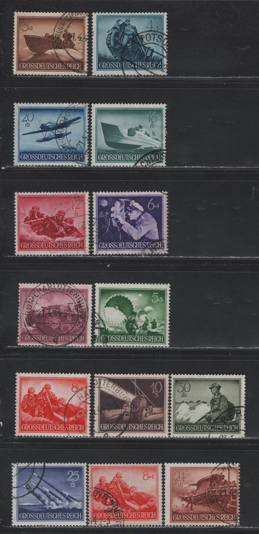 Lot 300 Germany SC#B257-B269 (873y-885y) 3+2pf - 30+20pf Yellow Brown - Olive Green, 1944 Hero Memorial Day Issue, 14 Fine/Very Fine Used Singles, Used Set Mostly On Horizontal Wove Paper, With Both Horiz & Vert Papers Of The 8+4pf Orange Vermillion