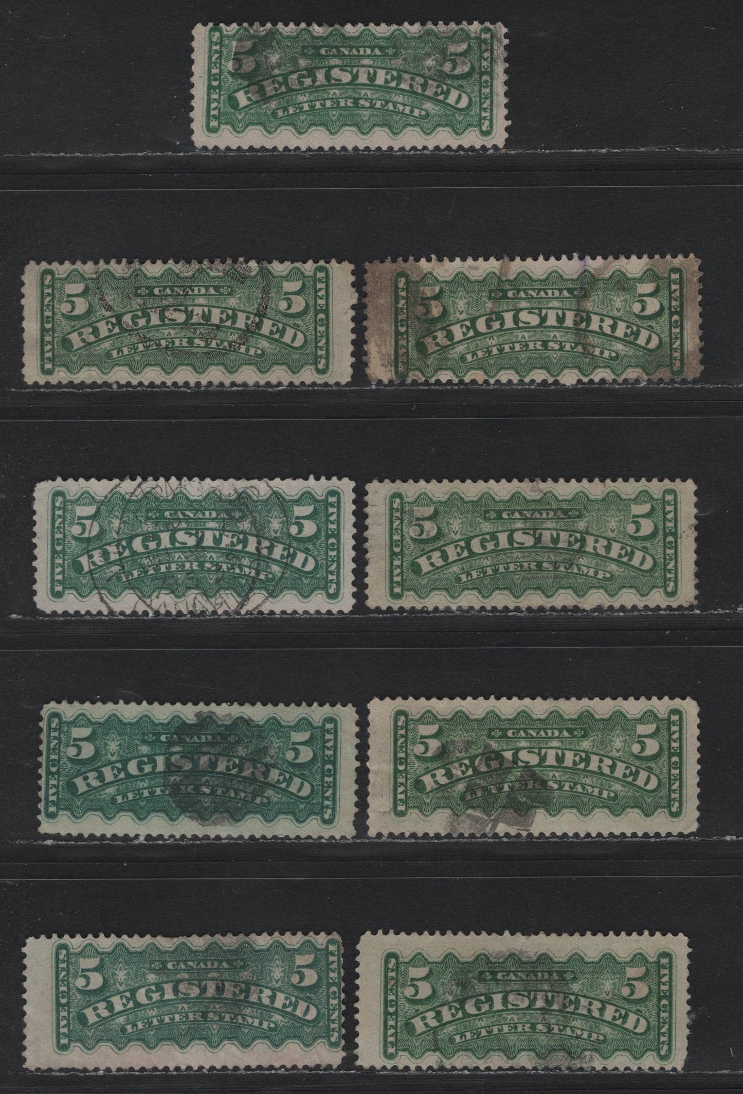 Lot 30 (C) Canada #F2a, F2i 5c Green & Blue Green , 1875-1896 Registration Issue, 9 Very Good Used Singles, Second Ottawa Printings, Small Faults, Like Small Tears, Creases Or Thins