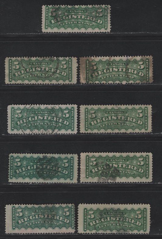 Lot 30 (C) Canada #F2a, F2i 5c Green & Blue Green, 1875-1896 Registration Issue, 9 Very Good Used Singles, Second Ottawa Printings, Small Faults, Like Small Tears, Creases Or Thins