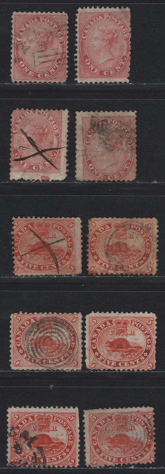 Lot 3 (C) Canada #14, 15 1c - 5c Rose - Orange Red Queen Victoria - Beaver, 1859-1864 First Cents Issue, 10 Ungraded Used Singles, Study Group of 4x1c & 6x5c, Completely Unchecked As To Specific Paper Types or Perfs, Small To Moderate Faults.