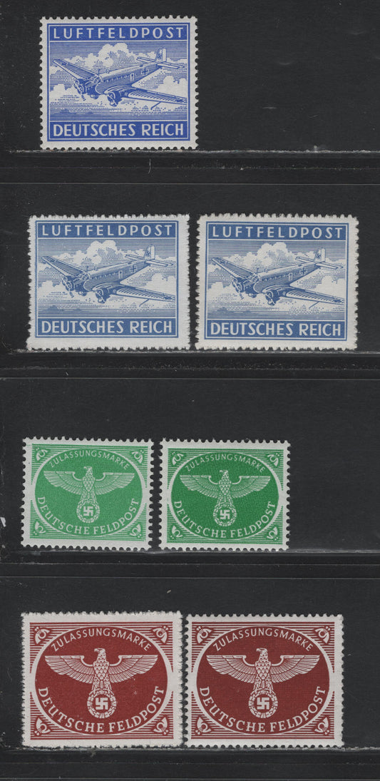 Lot 303 Germany SC#MC1-a, MQ1-a. MQ2 (1Ax, 1Bx-y, 2Ax, 2Bx) Ultramainre - Bright Emerald, 1942-1944 Military Airpost - Military Parcel Post Issue, 7 F/VFNH Singles, Different Gum Varieties As Listed In Michel