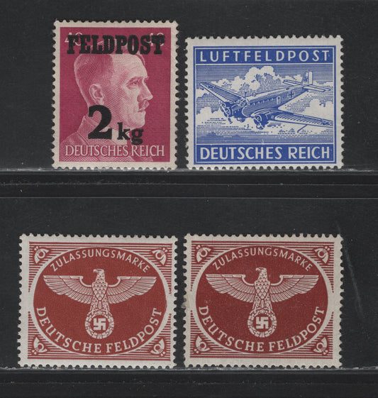 Lot 307 Germany SC#MC1, MQ1, MQ3 2kg on 40c Ultramainre - Bright Red Violet, 1942-1944 Military Airpost - Military Parcel Post Issue, 4 VFOG Singles, Includes Vertical Wove Red Brown (2 Shades) With Ribbing & Vertical Wove Ultramarine