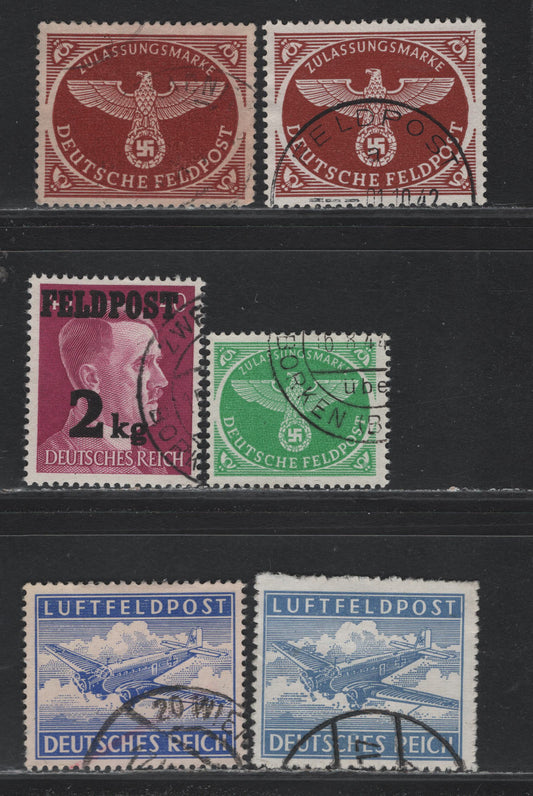 Lot 308 Germany SC#MC1-MC1a, MQ1-MQ3 (1Ay, 1By, 2Ax, 2Az, 3-4) Ultramainre - Bright Emerald, 1942-1944 Military Airpost - Military Parcel Post Issue, 6 Fine/Very Fine Used Singles, Postally Used & CTO Examples