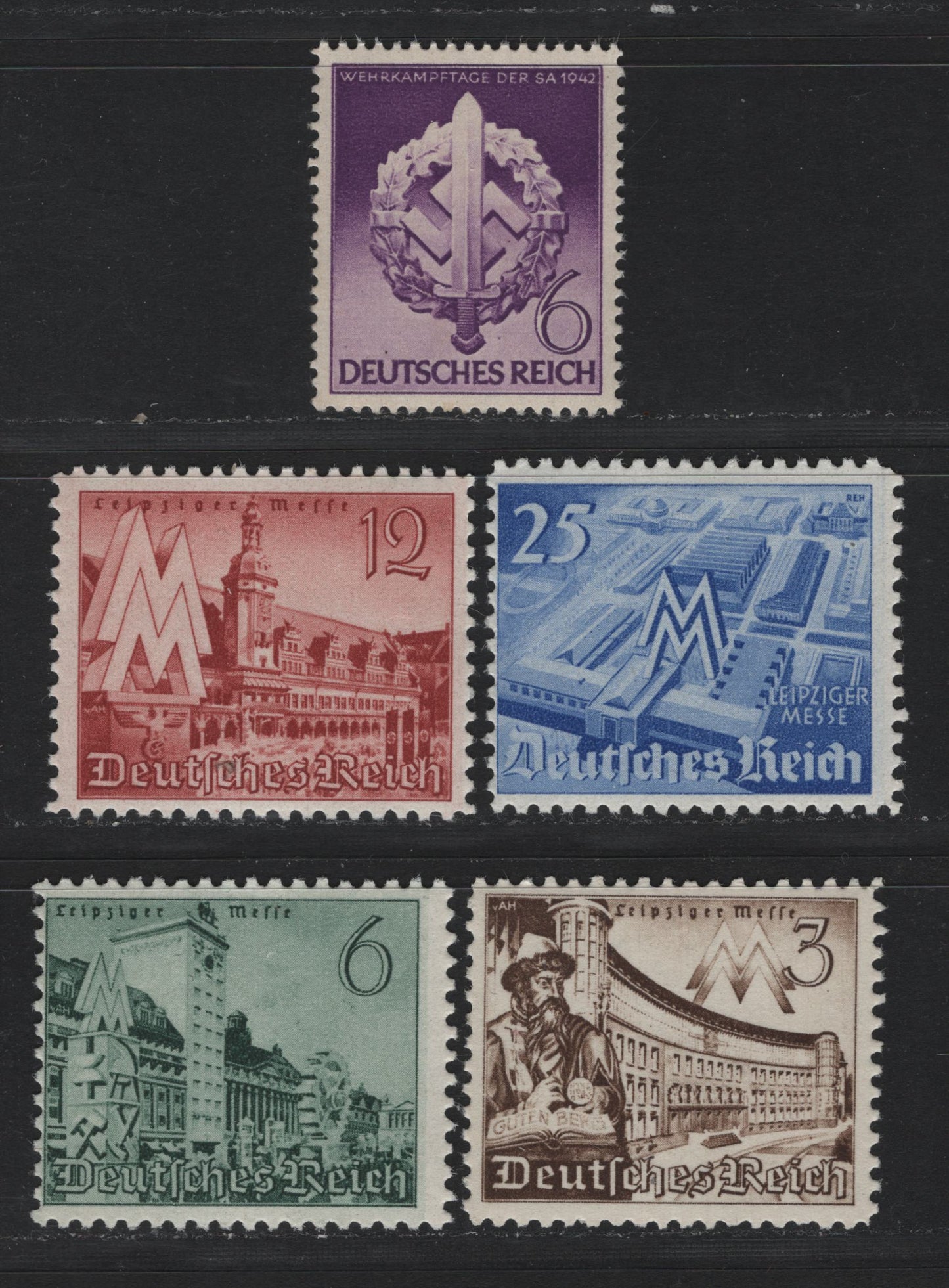 Lot 309 Germany SC#494-497, 528 (739-742, 818) 3pf - 6pf Dark Brown - Purple , 1940-1942 Leipzig Fair - War Effort Day Issues, 5 F/VFNH Singles