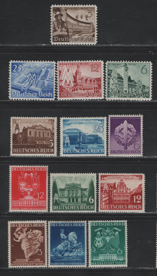 Lot 310 Germany SC#494-505,528 (739/818) 3pf - 6pf Dark Brown - Purple, 1940-1942 Leipzig Fair - War Effort Day Issues, 13 F/VFOG Singles, Small Thin On 50c