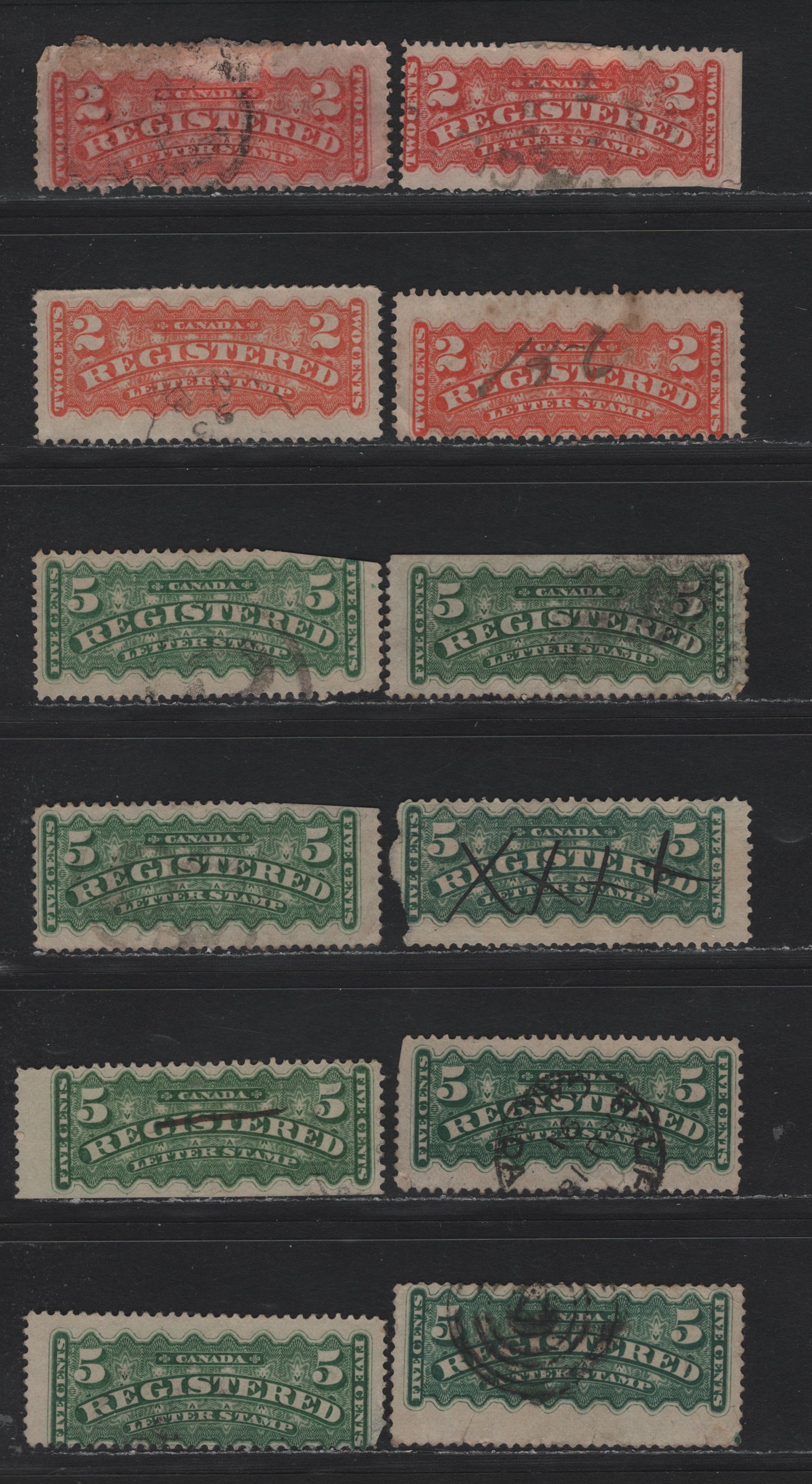 Lot 31 Canada #F1b, F1, F2, F2i 2c - 5c Orange - Dark Green , 1875-1896 Registration Issue, 12 Ungraded Used Singles, Useful For Shade & Paper Studies, Faulty Examples