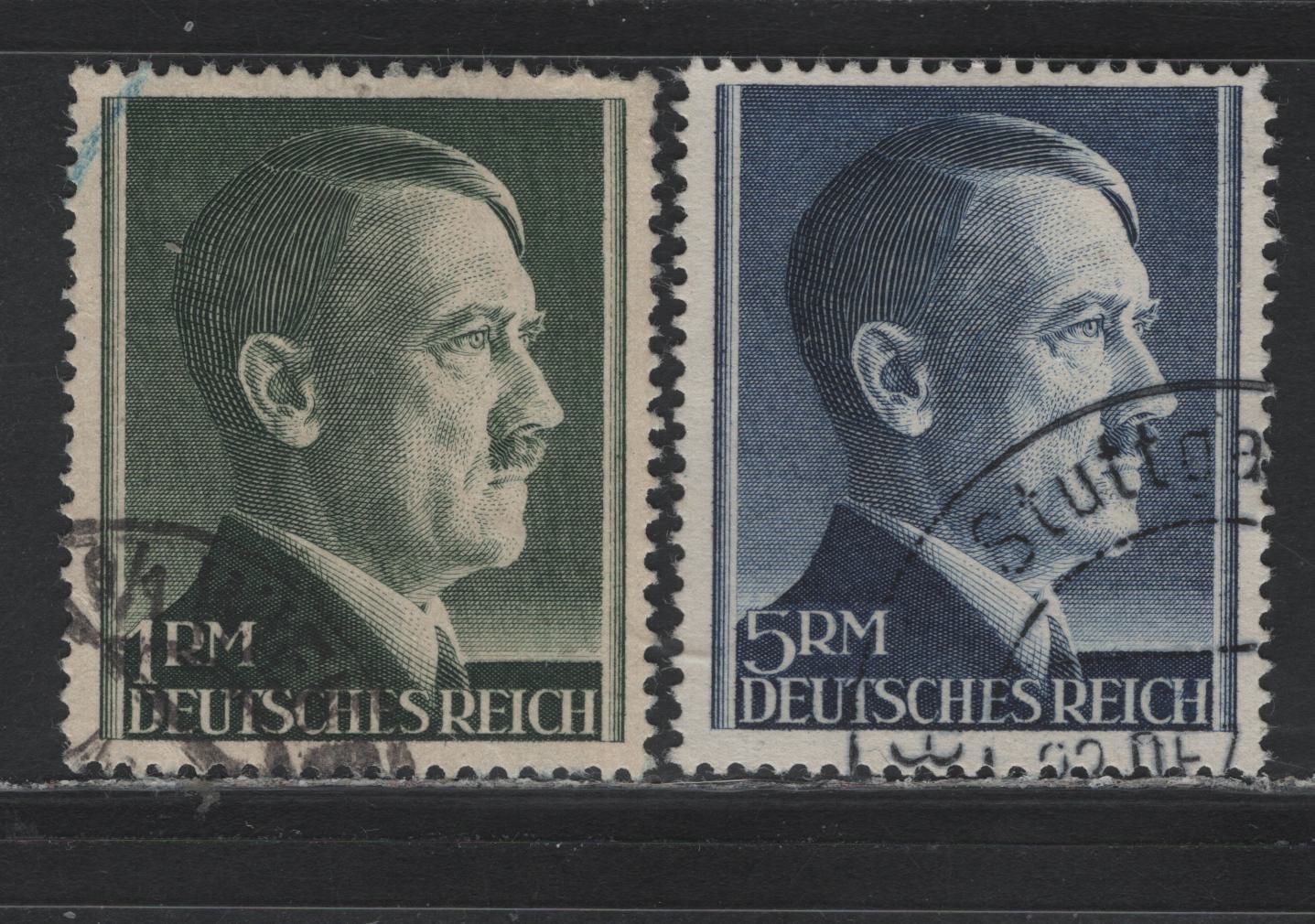 Lot 312 Germany SC#524, 527a (799B, 802B) 1rm - 5m Dark Slate Green - Dark Blue , 1941-1944 Hitler Heads Issue, 2 Fine/Very Fine Used Singles, Perf 14