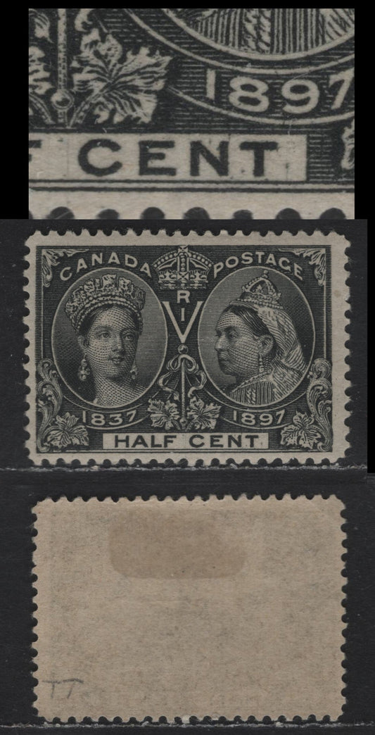 Lot 32 Canada #50 1/2c Black Queen Victoria, 1897 Diamond Jubilee Issue, A FOG Single, ABN-V Paper, Perf 12x12.1, ShowingSmall Dots Near NT of Cent.