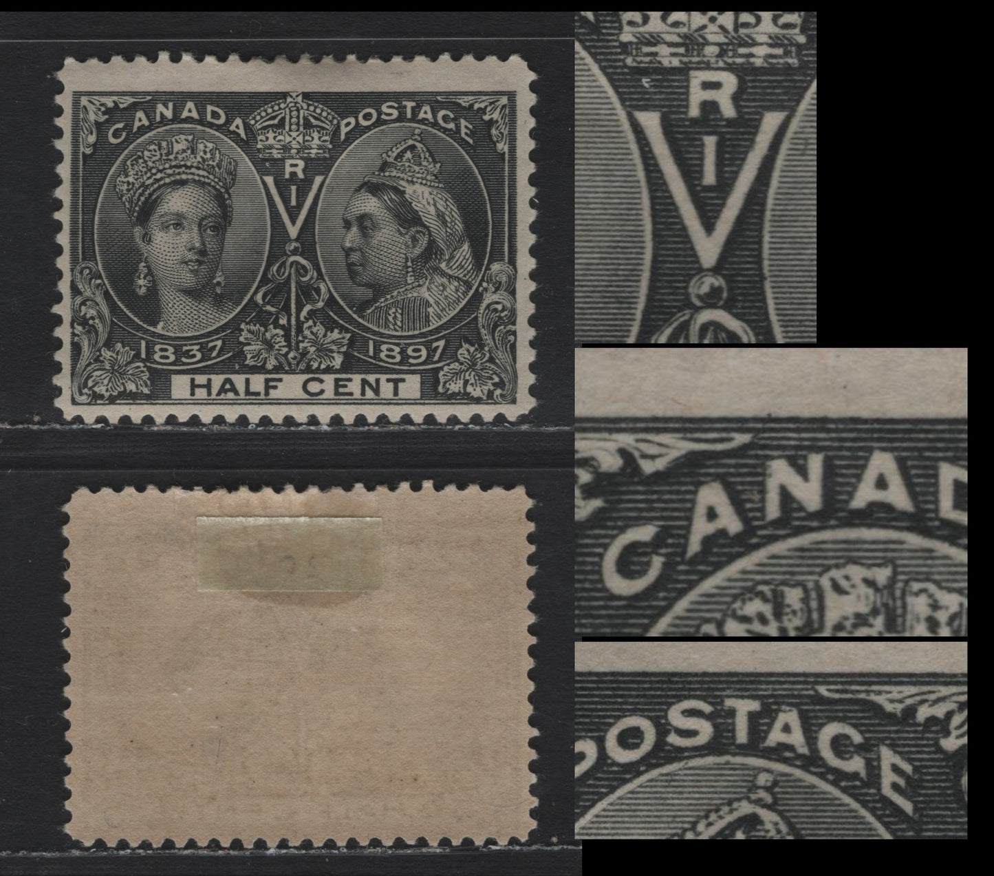 Lot 33 Canada #50 1/2c Black Queen Victoria, 1897 Diamond Jubilee Issue, A FOG Single, ABN-V Paper, Perf 12, Showing Small Dashes In the Medallion Frames & Near The Old Portraits, Small Mark In The Top Of The 'A' Of Postage And In The 'N' Of Canada.